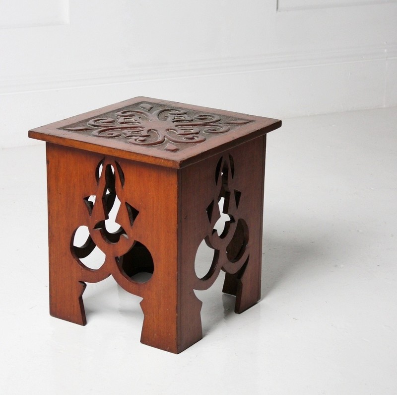 Antique Arts and Crafts Side Table Carved Mahogany