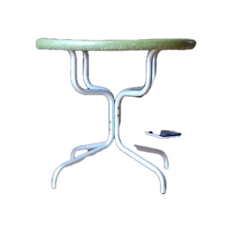 Vintage MCM Atomic Aluminum Patio Side Table Green Pebble Top Tripod 1950s 1960s gallery