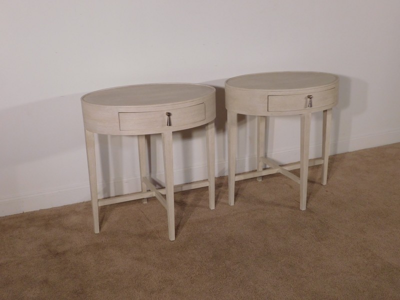 Pair Bernhardt EAST HAMPTON Cerused Linen Finish Oval End Tables Nightstands gallery