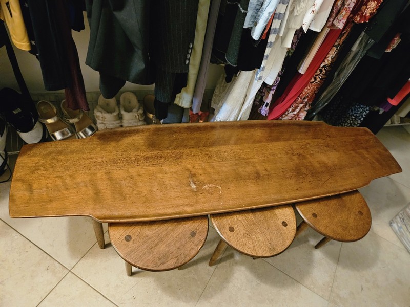 Mid Century Modern Vintage Coffee Table Surfboard Table w/ 3 Matching Stools gallery