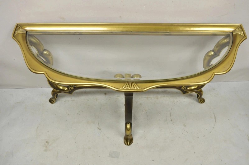 Vintage Hollywood Regency Mastercraft Style Brass Glass Console Sofa Hall Table gallery