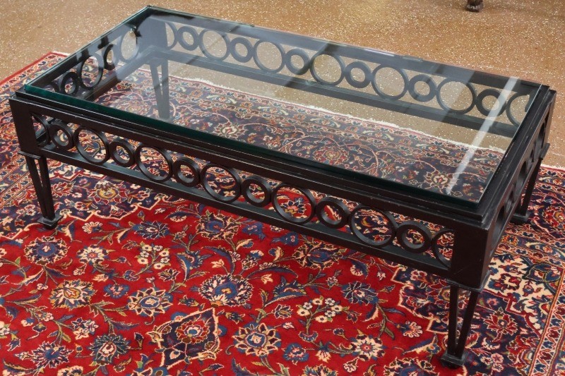 Mid Century Style Circle Pattern Black Iron & Glass Cocktail Coffee Table gallery