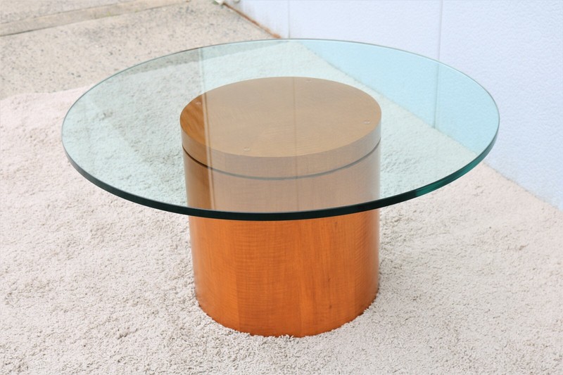 Mid-Century Modern Style 39 in Round Clear Glass Top Drum Wood Base Coffee Table gallery