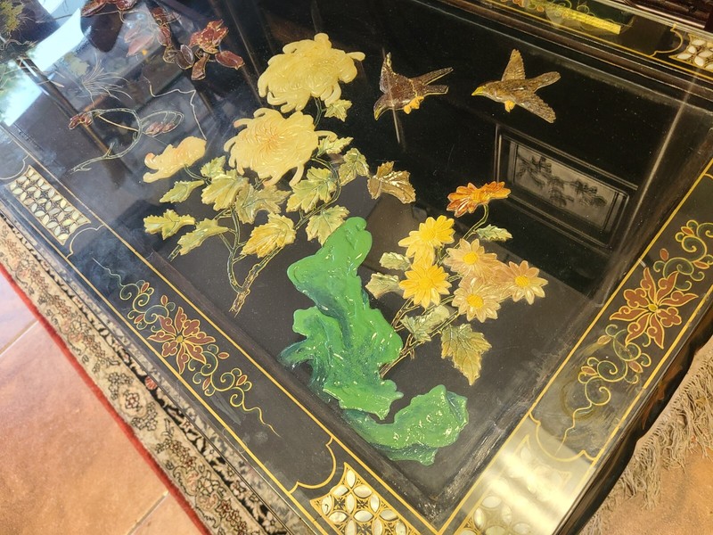 Oriental  Coffee Table, Black, Mother of Pearl, Relief Flower, Glass Top gallery