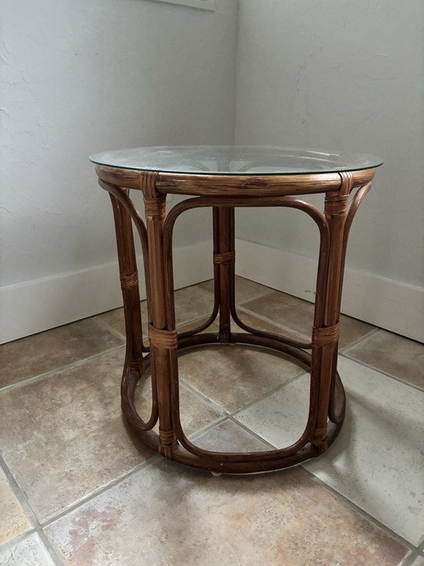 Vintage Rattan Bamboo Round Side End Table Glass Top MCM Tiki Boho Drum gallery