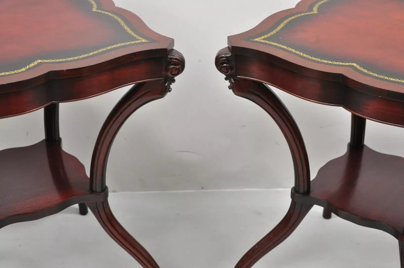 Vintage French Regency Style Red Leather Top Mahogany Lamp End Tables - a Pair gallery