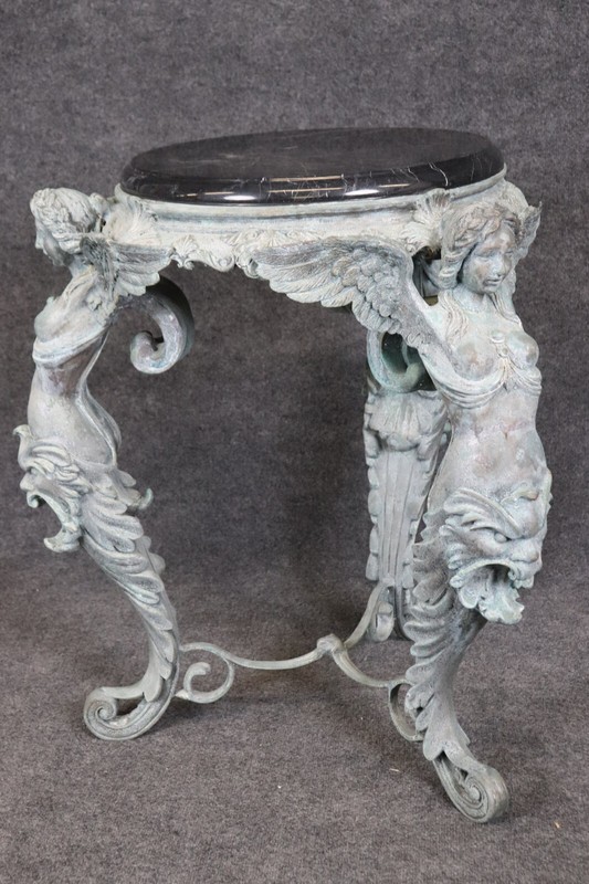 Metal Figural Victorian Style Bronze Finished Metal Marble Top Pedestal Table gallery