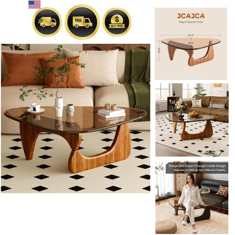 Coffee Table Modern Wood Glass Top Triangular Living Room Center Table