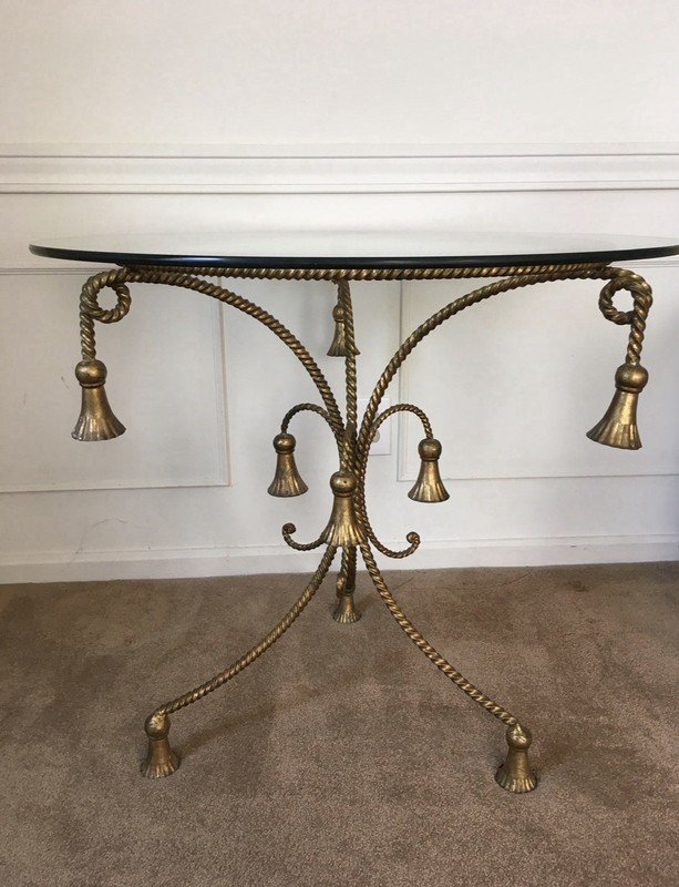 Antique Hollywood Regency Gilt Metal Rope&Tassel Accent Table w/ Glass Top 1960s