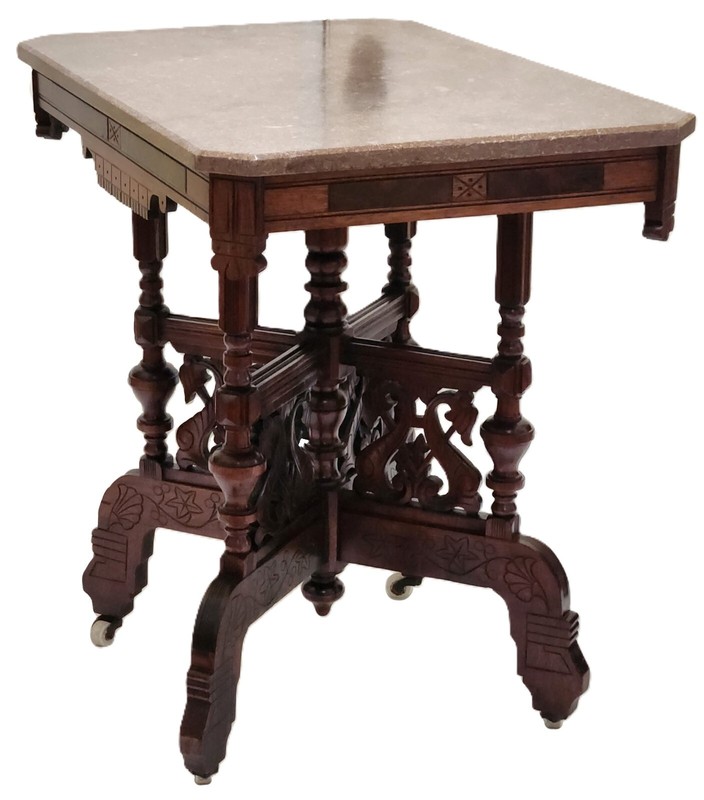 Center Parlor TABLE, Eastlake Victorian, Burl Walnut, Lyre, TN Brown Marble,33"L gallery