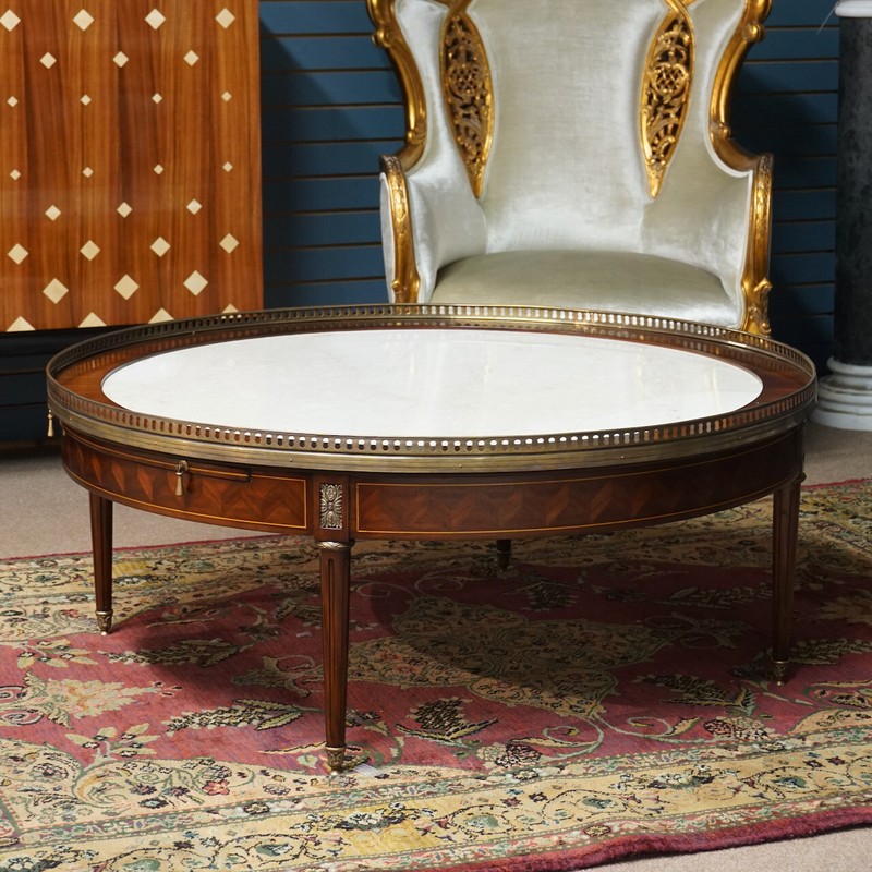 Round Mahogany Parquetry with Brass Ormolu and Cream Marble Top