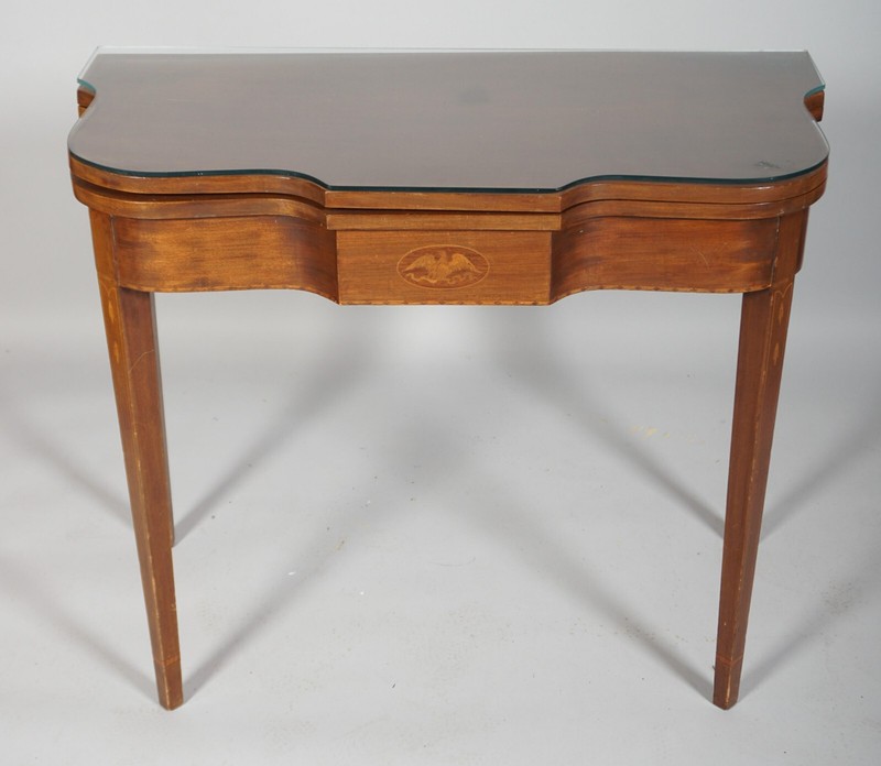Federal Style Mahogany Flip Top Game Table Console Table Satinwood Eagle Inlays gallery
