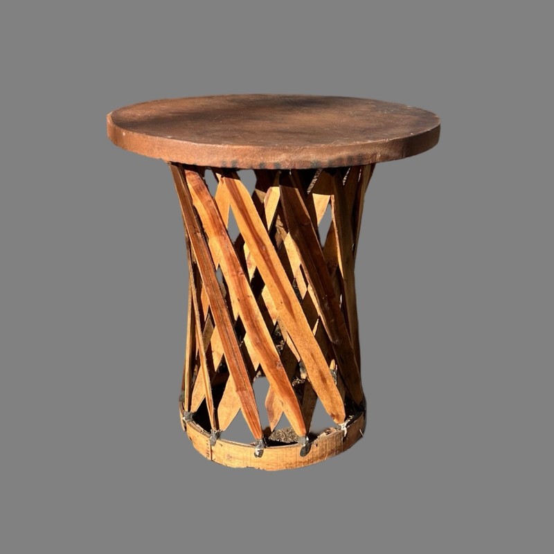 Equipale Mexico Side Table Leather Top Cedar Wood Strip Base 1950s Aztec FolkArt