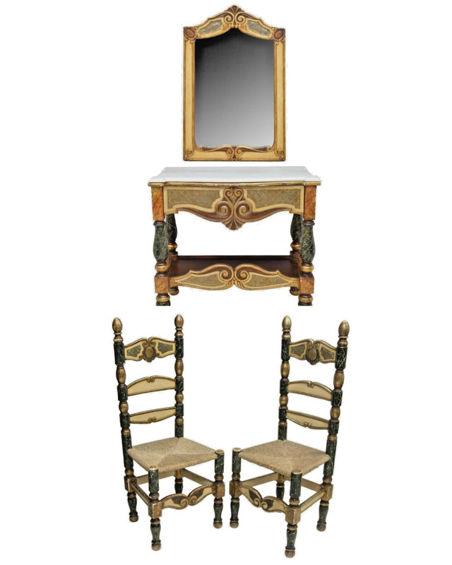Antique Console Table, Mirror & 2 Side Chairs, Spanish, Marble-Top Gilt, 1800s!