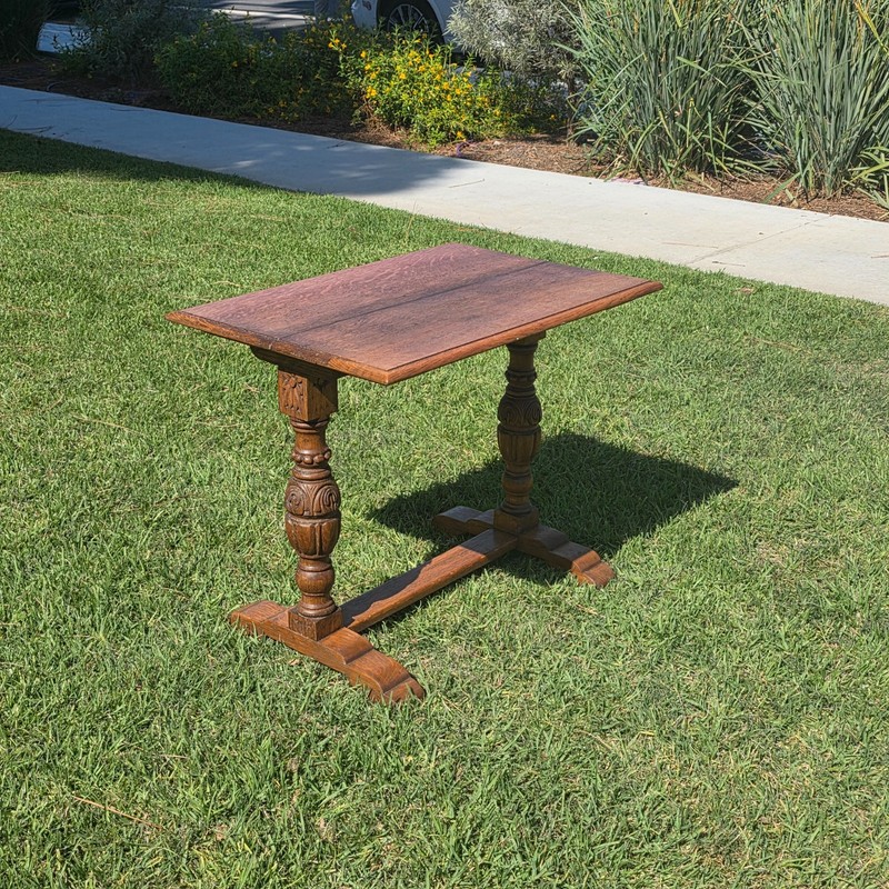 Antique Refectory Trestle Table Tiger Oak 1920s Jacobean Carved Small Desk 24″H
