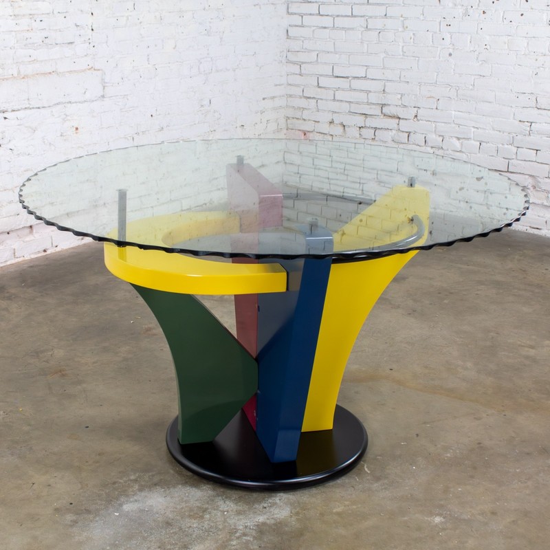 Postmodern Dining Table Geometrical Base Round & Glass Top Style Memphis Group gallery