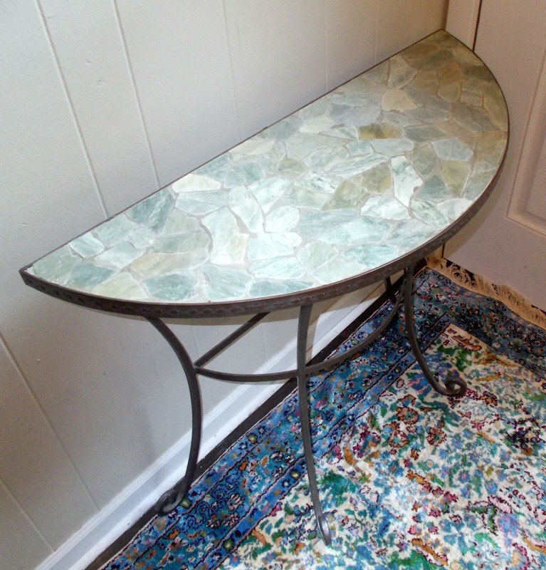Vtg ROCK STONE MOSAIC CONSOLE Accent TABLE Demi Lune Wrought Iron Villa Garden gallery