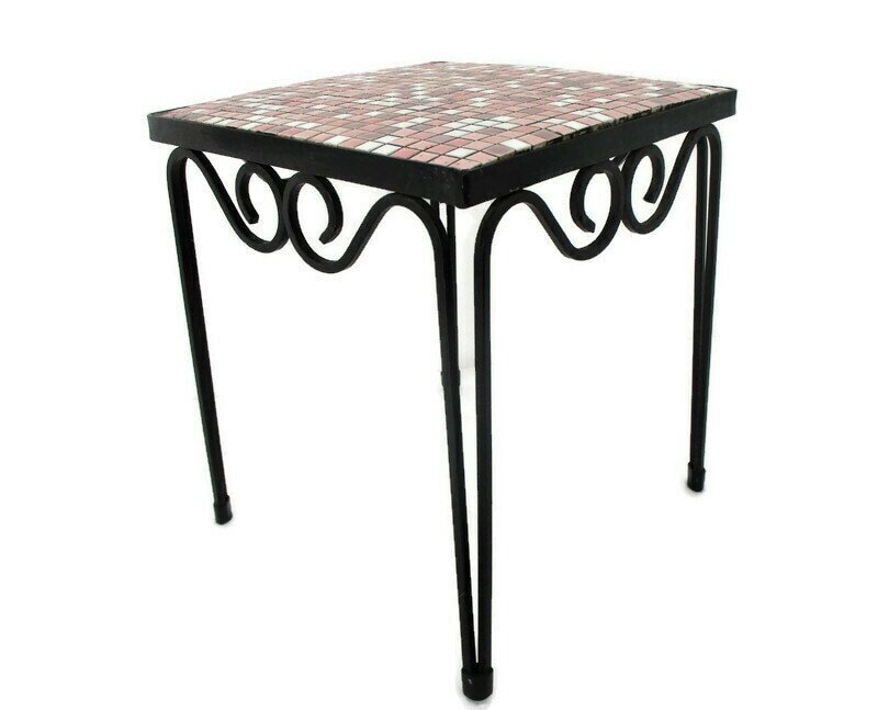 Vintage Small Side Table Plant stand Mosaic tiles Checkered pattern Wrought Iron