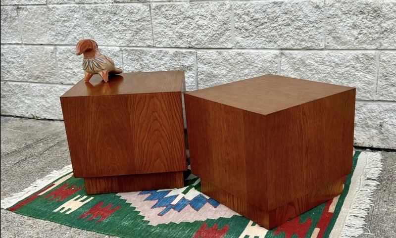 Pair of Walnut Mid Century Modern Cube Shape Side End Tables Plinth Base gallery