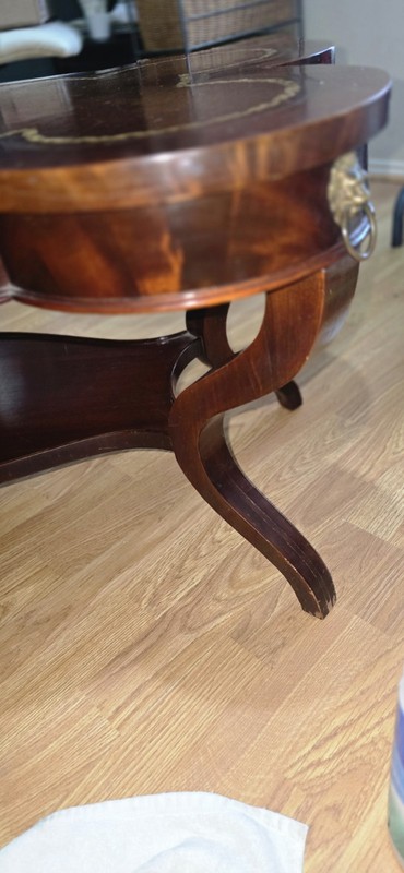 Three 1950s Tables W/ Mahogany Wood, Pressed Leather, And Brass Accents. gallery