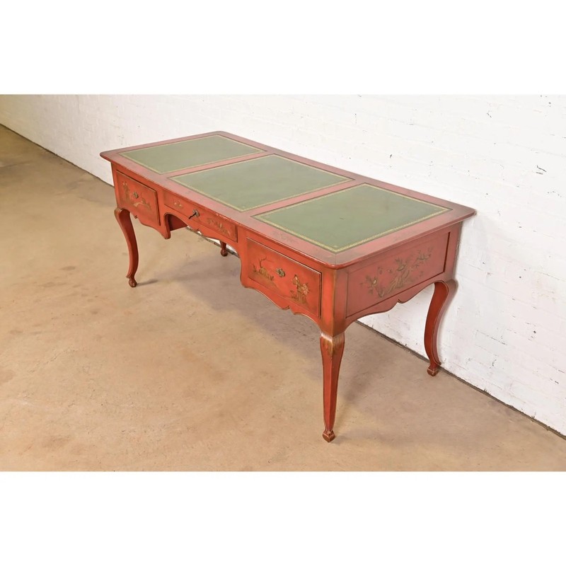 Baker Furniture French Regency Chinoiserie Red Lacquered Hand Painted Desk gallery
