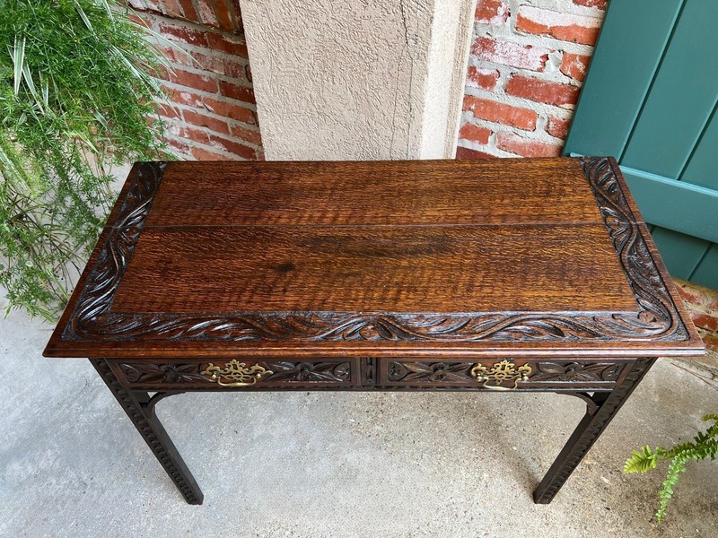 Antique English Sofa Console Table Jacobean Carved Oak Foyer Table c1890 gallery