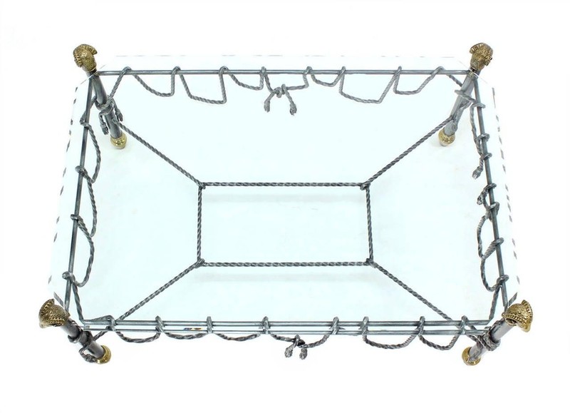 Ornate Wrought Iron Brass Ram Head Motive Glass Top Rectangle Coffee Table gallery