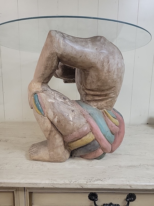 1960’s Polychrome Hand-Carved Wood Figural and Glass Coffee Table gallery