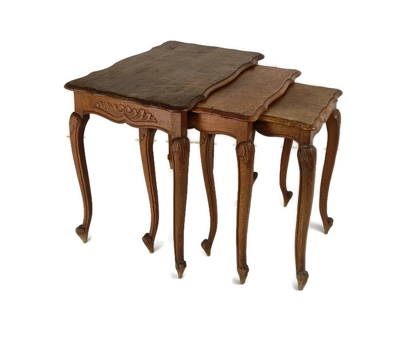 Set of 3 Wood Stacking Nesting Tables Louis XV style Mid Century Modernist Orna