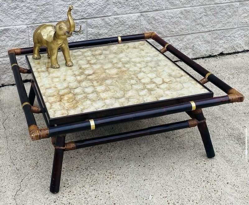 Mid Century Ficks Reed John Wisner Rattan Capiz Shell Top Coffee Table Vintage