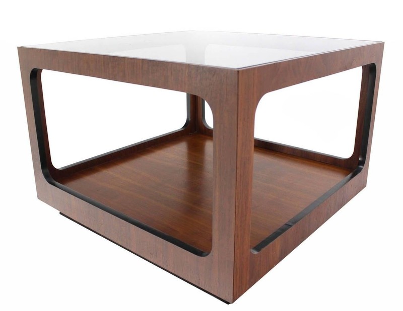 Mid Century Modern Square Cube Walnut Base Glass Top Coffee Side End Lamp Table gallery