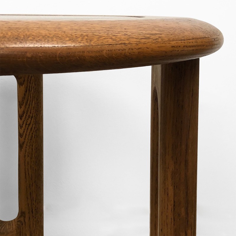 Vintage Lou Hodges-Style Round Solid Oak Side Table With Beveled Smoked Glass gallery