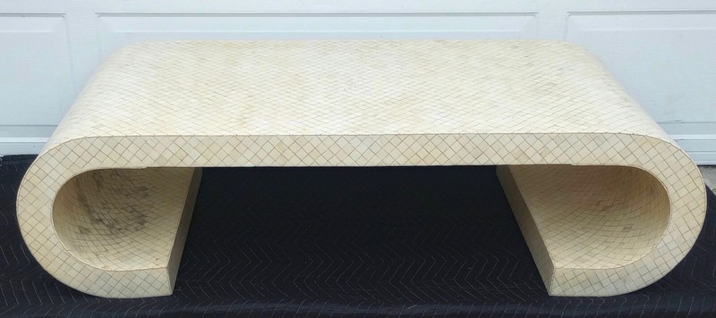 Vintage Mid Century Tessellated Bone Inlay Scroll Coffee Table