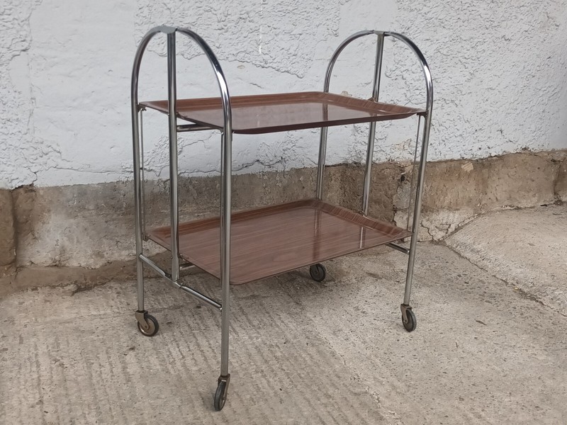 Dinett Side Table Tea Cart Wooden Top Chrome 70s 1/3 Foldable, 79.5 cm