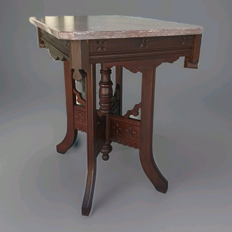 Antique Burgandy Marble Eastlake Table in Walnut with Daisy and Leaf Motifs. gallery
