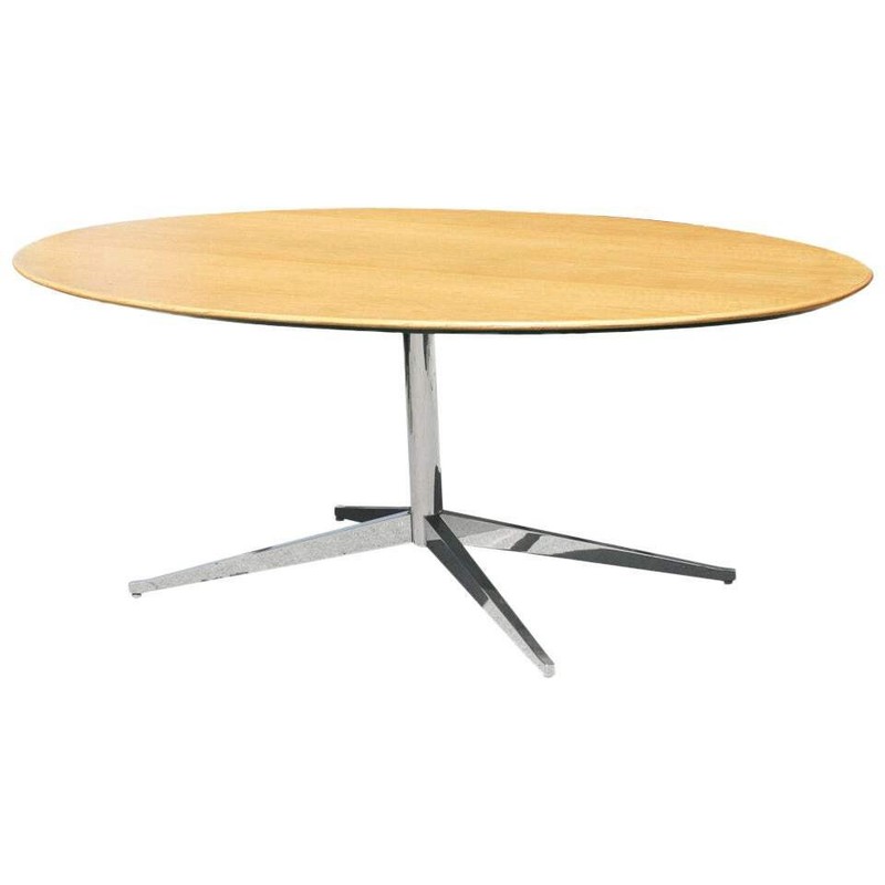 Florence Knoll Oak and Re-Chromed Steel Base Dining or Conference Table
