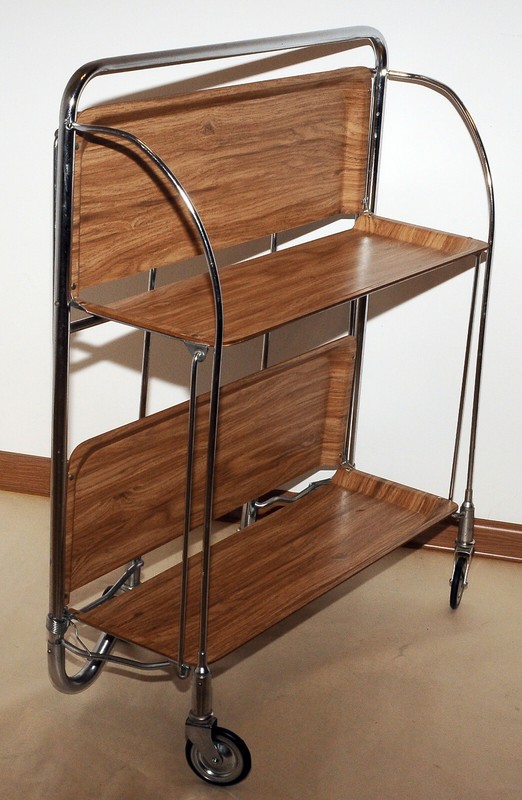 SERVING TABLE Mid-Century Modern Folding Tea Cart Chrome Plywood Bauhaus Style gallery
