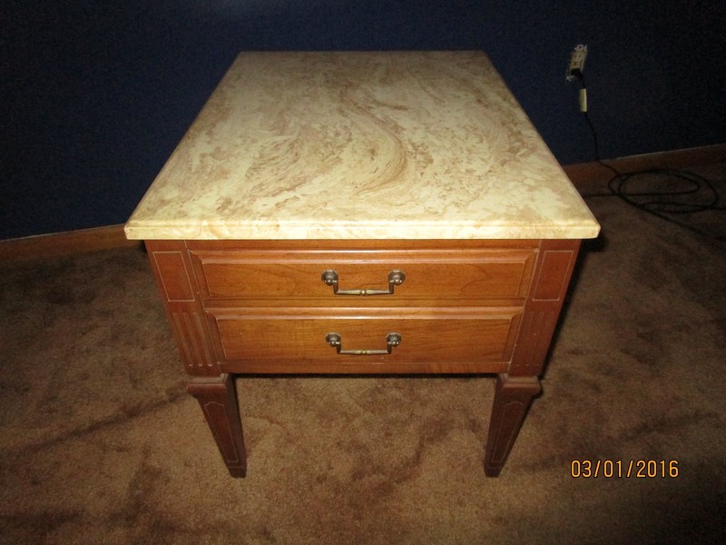 Antique Walnut End Tables With Swirled Marble Removable Tops gallery
