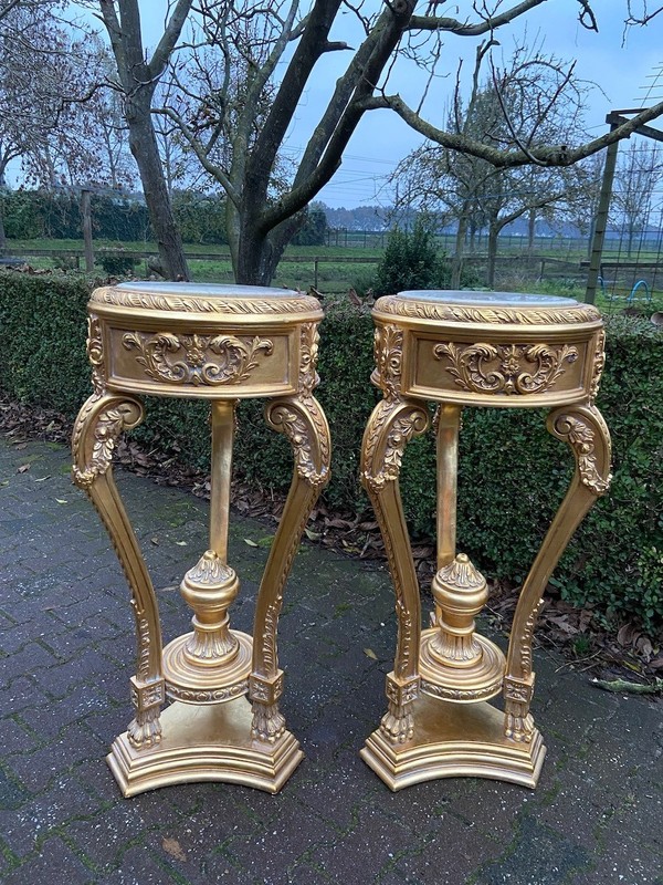 Pedestal Side Tables French Louis XVI Gold Leaf Marble Beech Pair