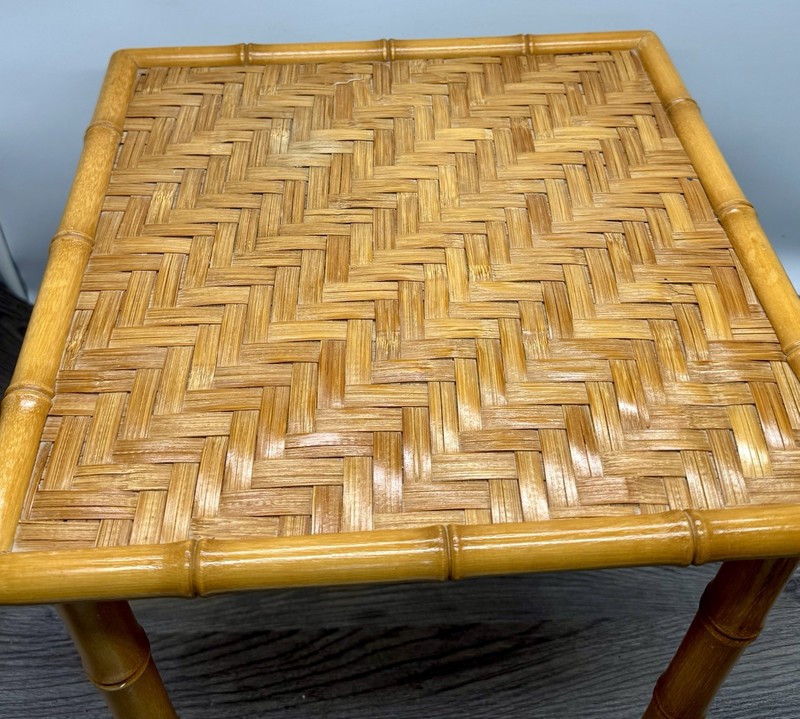 VTG Mid Century Bamboo Side Table Woven Rattan Top Boho MCM Accent Plant Stand gallery