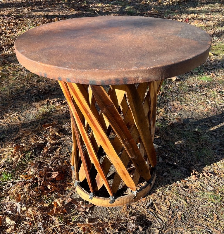 Equipale Mexico Side Table Leather Top Cedar Wood Strip Base 1950s Aztec FolkArt gallery