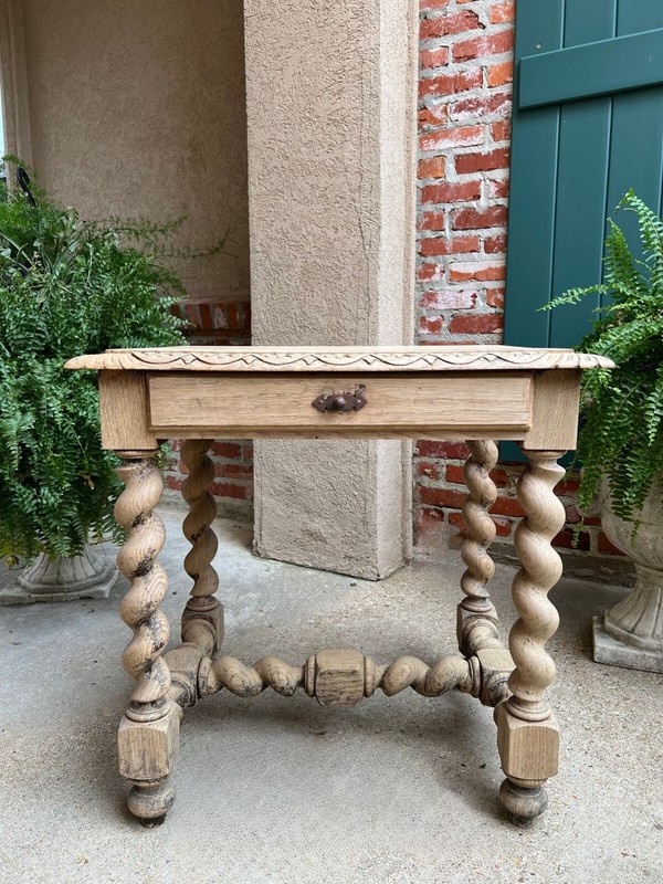 Antique French Side Table Barley Twist Bleached Carved Oak Nightstand Louis XIII gallery