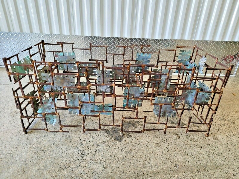 70'S SILAS SEANDEL WELDED NAIL AND COPPER CUT OUT COFFEE TABLE SIGNED NO GLASS gallery