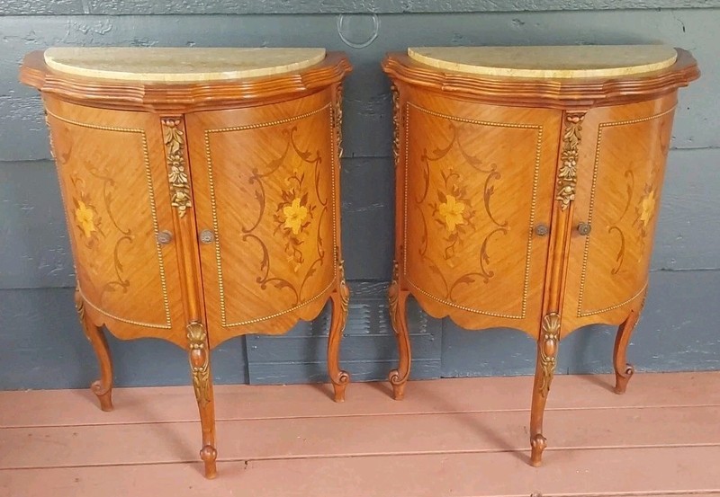 Vintage French Demilune Inlayed Wood End Tables w/Marble Tops 30 Tall X 23″ Wide