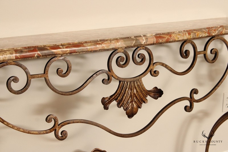 Rococo Style Custom Wrought Iron Marble Top Console Table gallery