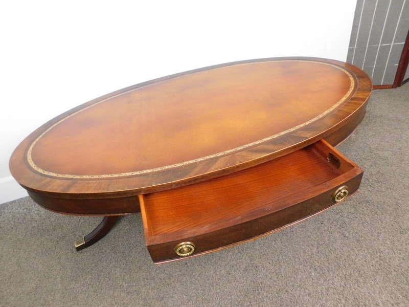 Brandt Antique 46" W 1940s Regency MCM Mahogany Tooled Leather OVAL Coffee Table gallery