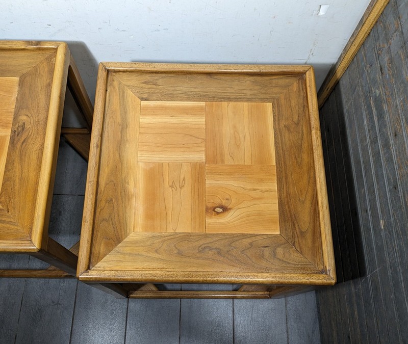 Vintage Pair of Mid Century Modern Square Cube Teak Wood Rolling End Tables gallery
