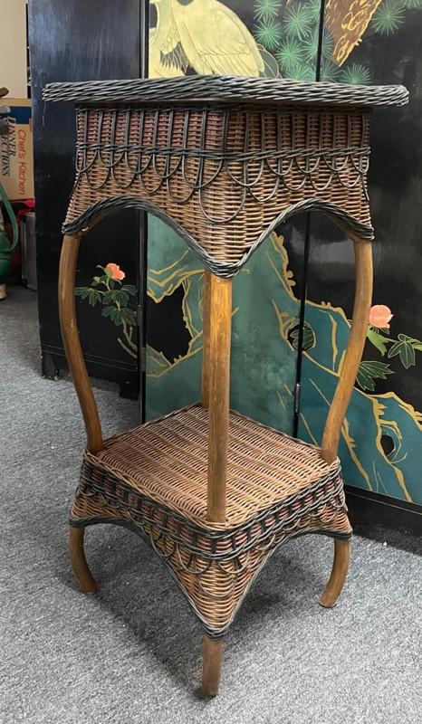 Vtg Mid-Century Modern 2-Tier Wicker Rattan End/Side Table/Plant Stand/Pedestal gallery