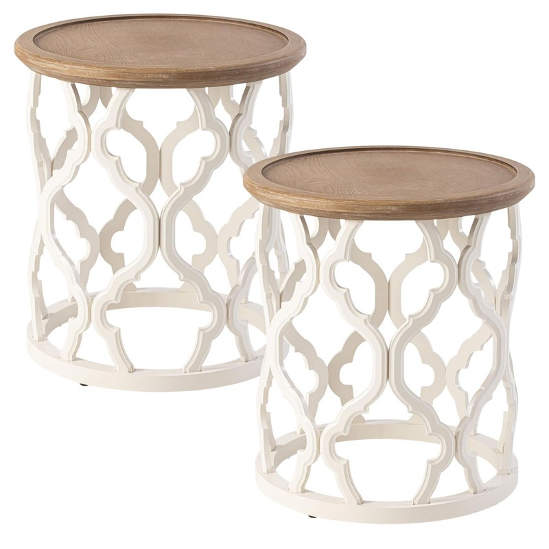 COZAYH Rustic Table Round Accent Wood Tray Top Curved Base Furniture, Set of 2