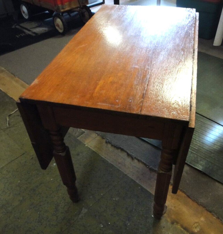 Antique OAK WOOD DROP LEAF TABLE CAST IRON HINGE LEAF SUPPORTS VG READ gallery